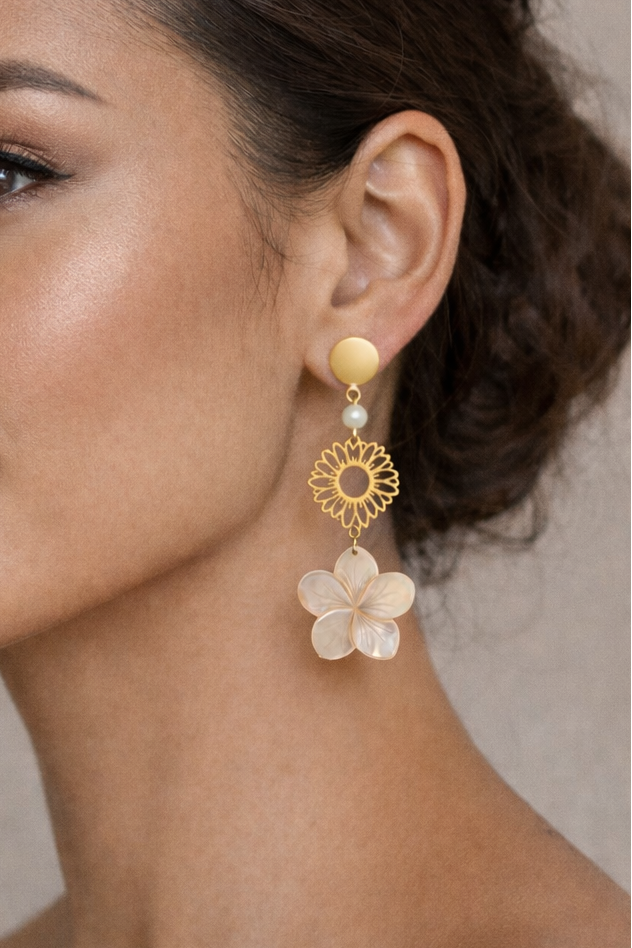 Boucles d’oreilles acier inoxydable doré waterproof ALOHIA femme fleur nacre naturelle