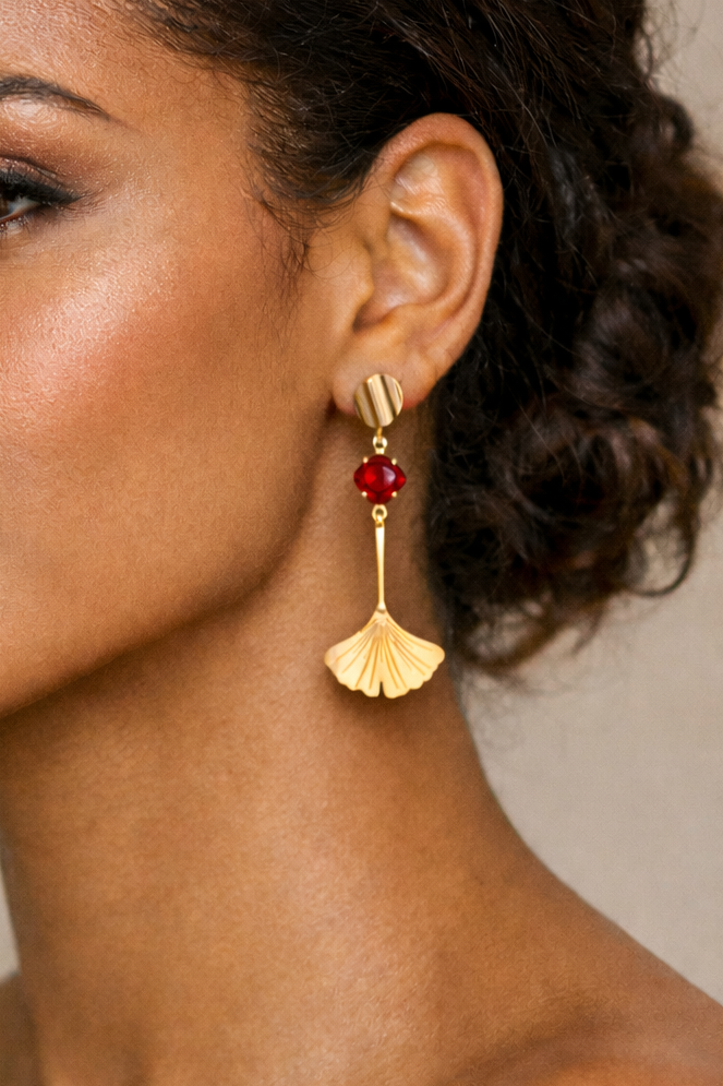 Boucles d’oreilles acier inoxydable doré waterproof KAÏANA femme cristal feuille ginkgo