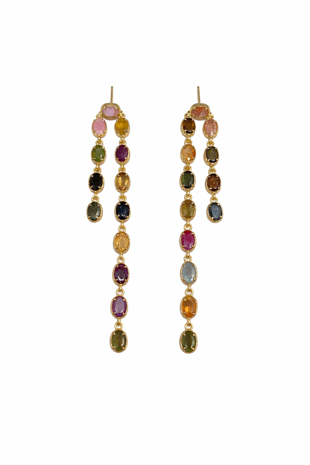 Boucles d’oreilles pendantes KALIMA en acier inoxydable doré avec pierres multicolores ovales, design long et élégant