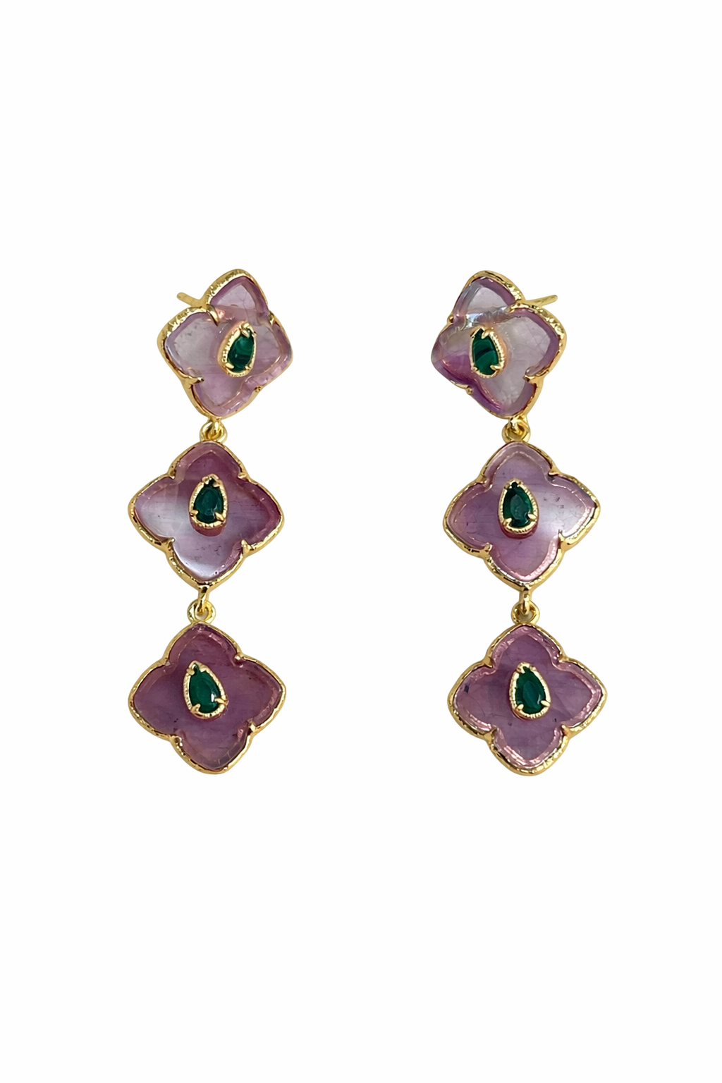 Boucles d’oreilles pendantes MARA en améthyste violette et malachite verte, monture dorée en acier inoxydable, design floral à trois pampilles