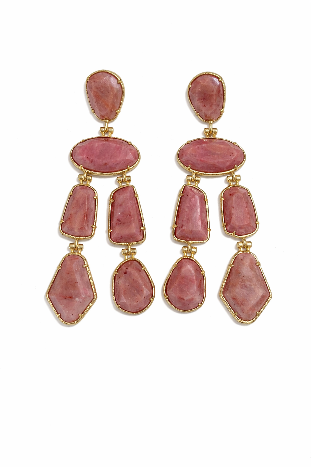 Boucles d’oreilles pendantes MAYA en rhodonite rose, monture dorée en acier inoxydable, design long à pierres irrégulières facettées