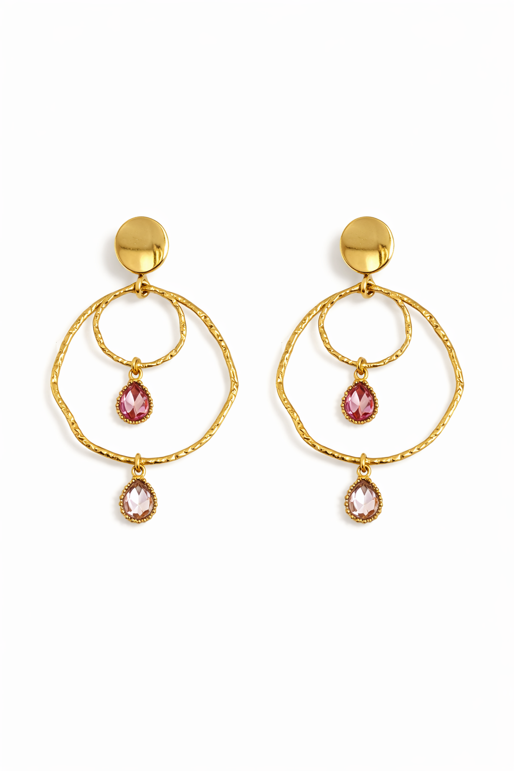 Boucles d’oreilles acier inoxydable doré waterproof MIRAÏYA femme anneaux texturés cristaux roses