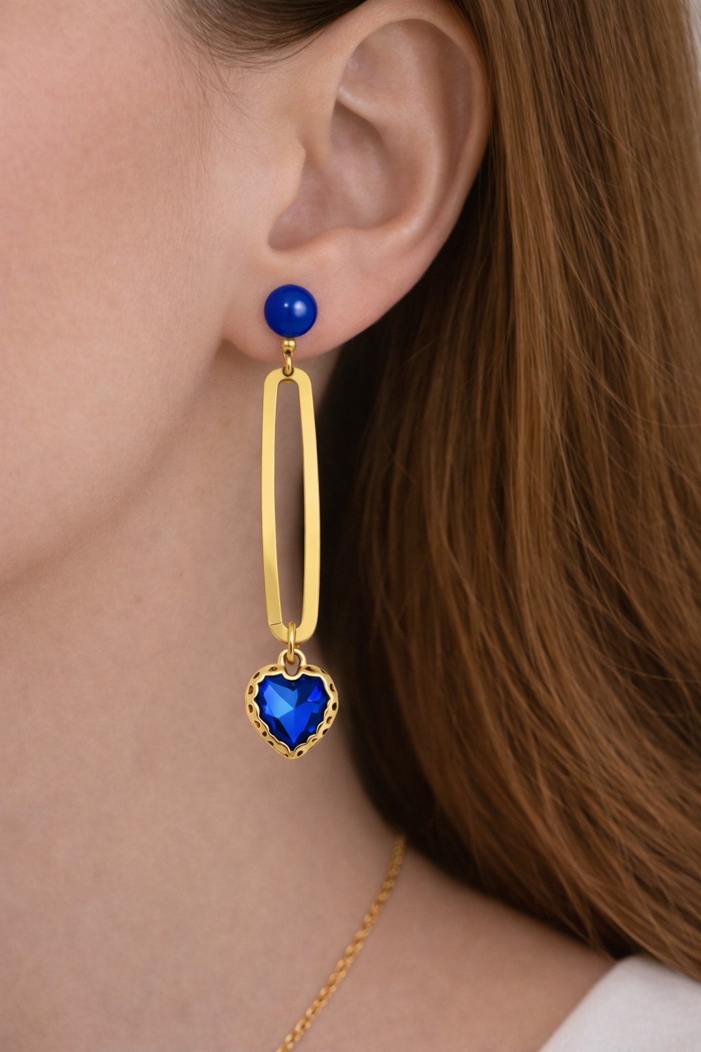 Boucles d’oreilles acier inoxydable doré waterproof WYLIA femme cœur cristal bleu facetté