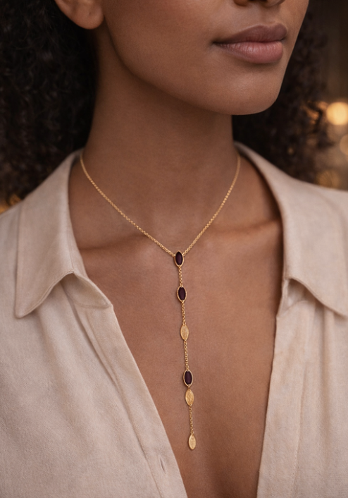 Collier acier inoxydable doré NERIDA femme pendentif vertical pierres ovales