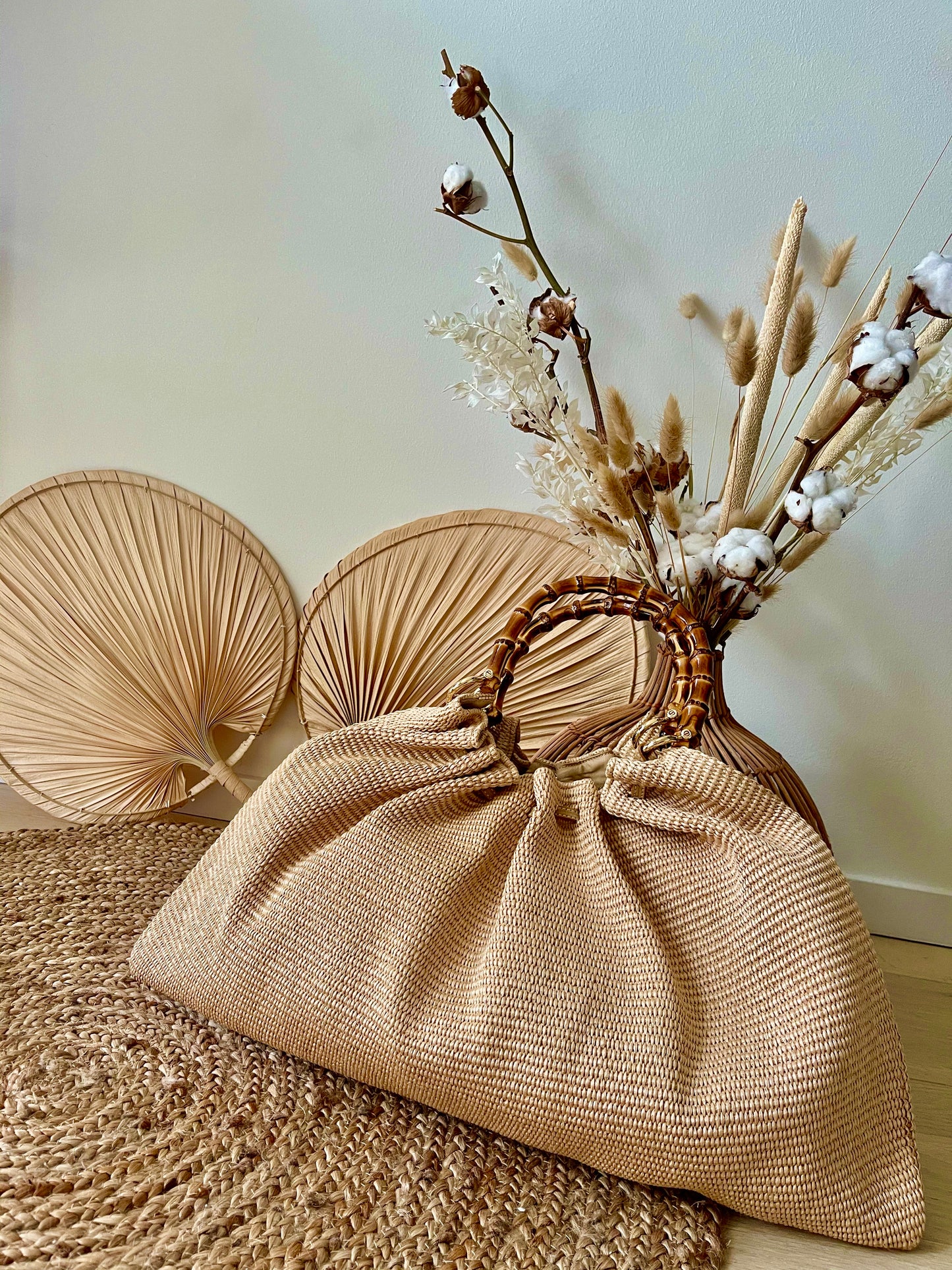 Large bamboo handle tote bag