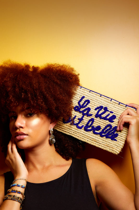 Embroidered Straw Clutch