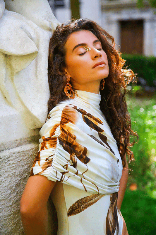 Caramel Draped-Collar One-Piece Swimsuit