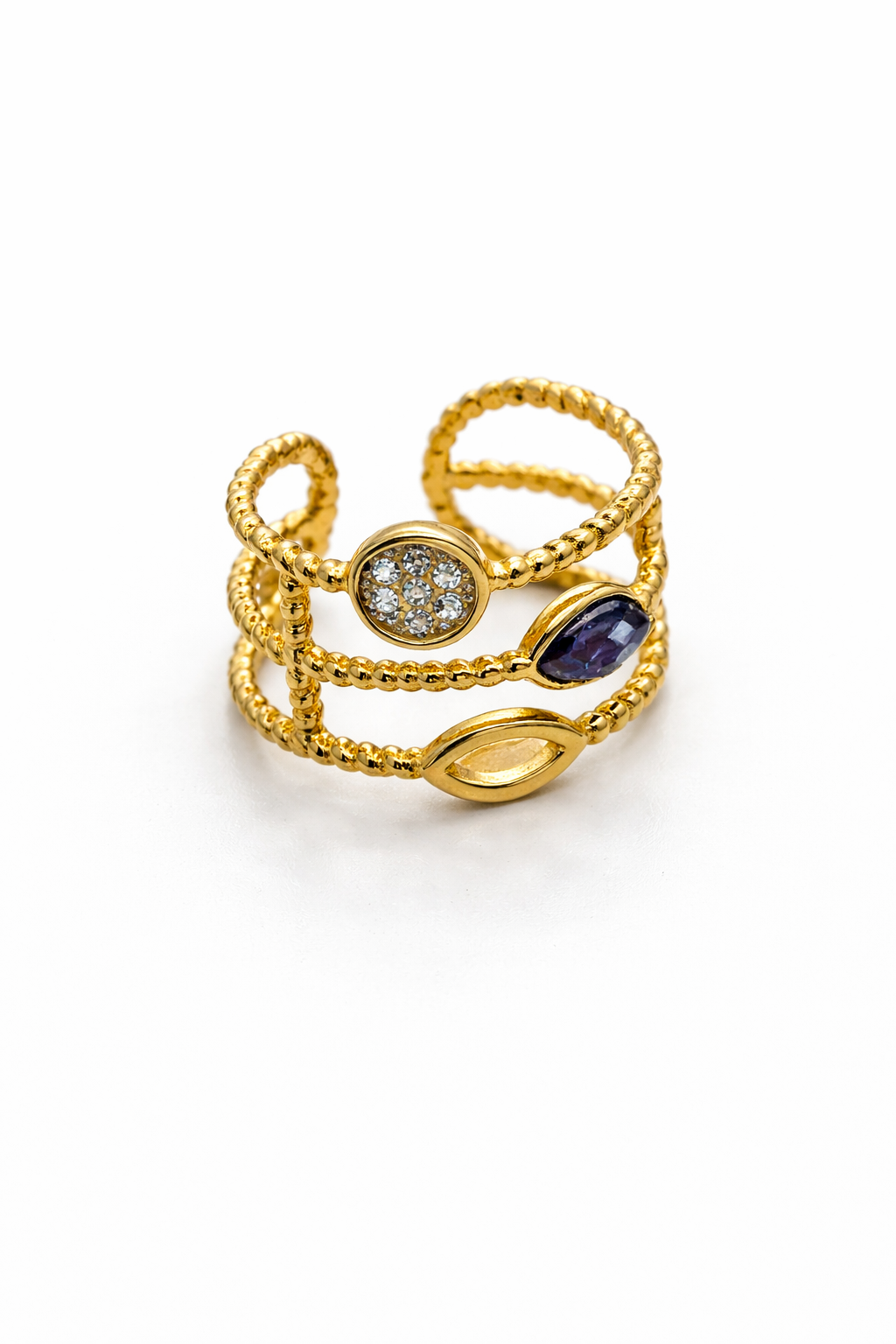 Bague acier inoxydable dorée LINDA femme ajustable waterproof triple anneaux