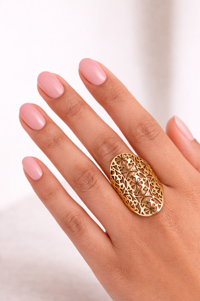 Bague acier inoxydable dorée ALMÉRIA femme ajustable waterproof motif filigrané