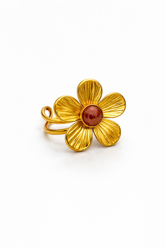 Bague acier inoxydable dorée ANNA femme ajustable waterproof fleur pierre soleil