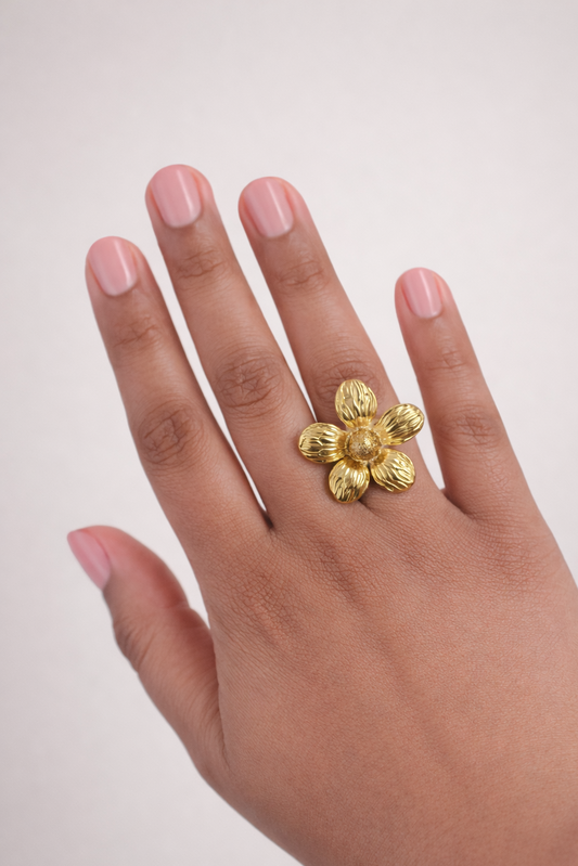 Bague acier inoxydable dorée FLORINA femme ajustable waterproof fleur pierre