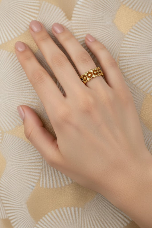 Bague acier inoxydable dorée FOREST femme ajustable motif floral ajouré