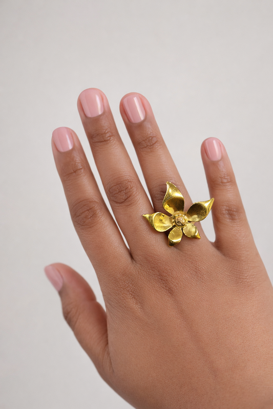 Bague acier inoxydable dorée SUNFLOWER femme ajustable waterproof fleur