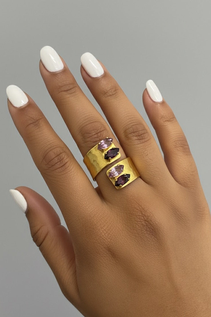 Bague plaqué or PYRRAH femme design ouvert duo de pierres moderne