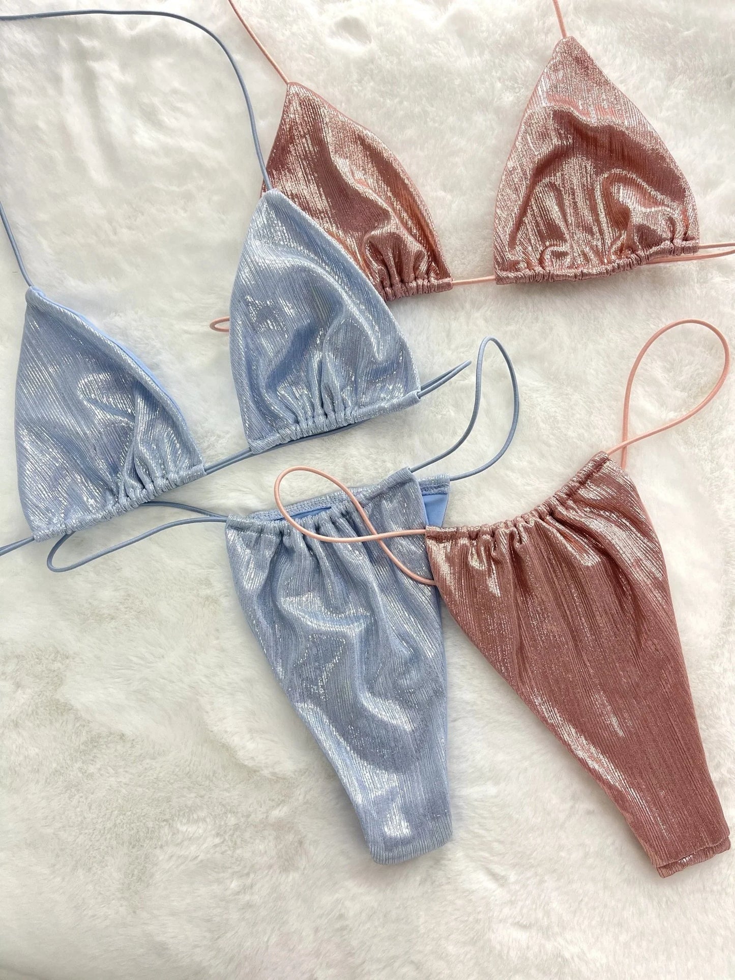 bikini mermaid beachy irisé miroir triangle haut nouer bas taille haute rose bleu lagon femme