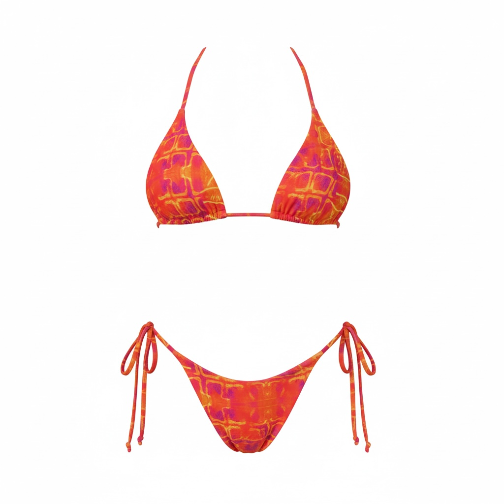 Bikini Sunkiss orange à imprimé texturé, haut triangle coulissant et bas échancré à nouer sur les côtés, maillot de bain femme lumineux et ajustable pour l’été