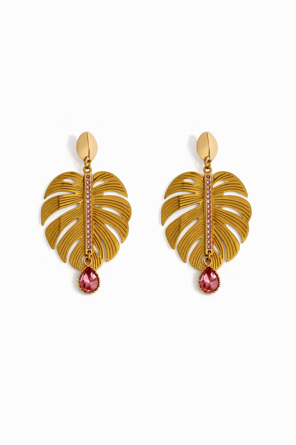 Boucles d’oreilles acier inoxydable doré waterproof ALOÉA femme feuille monstera cristaux roses