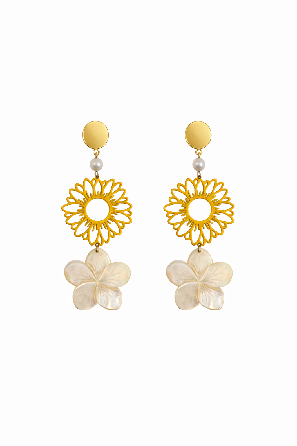 Boucles d’oreilles acier inoxydable doré waterproof ALOHIA femme fleur nacre naturelle