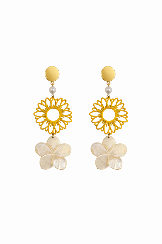 Boucles d’oreilles acier inoxydable doré waterproof ALOHIA femme fleur nacre naturelle