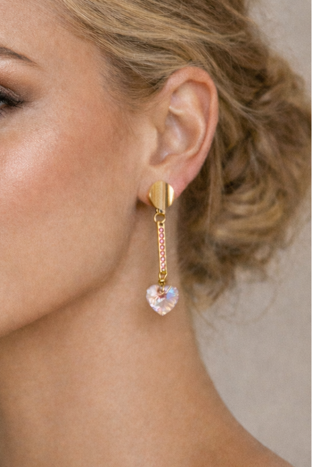 Boucles d’oreilles acier inoxydable doré waterproof AMAYA femme cristaux roses cœur irisé