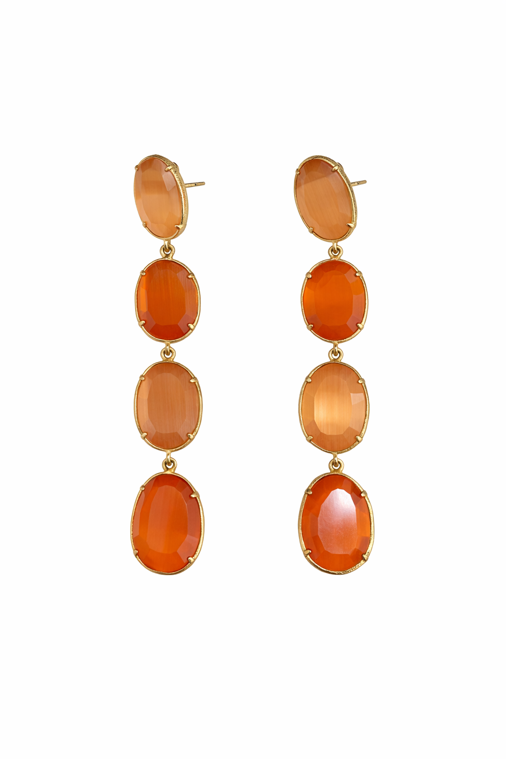 Boucles d’oreilles pendantes ELAYA en cornaline orange, monture dorée en acier inoxydable, design à quatre pierres ovales facettées