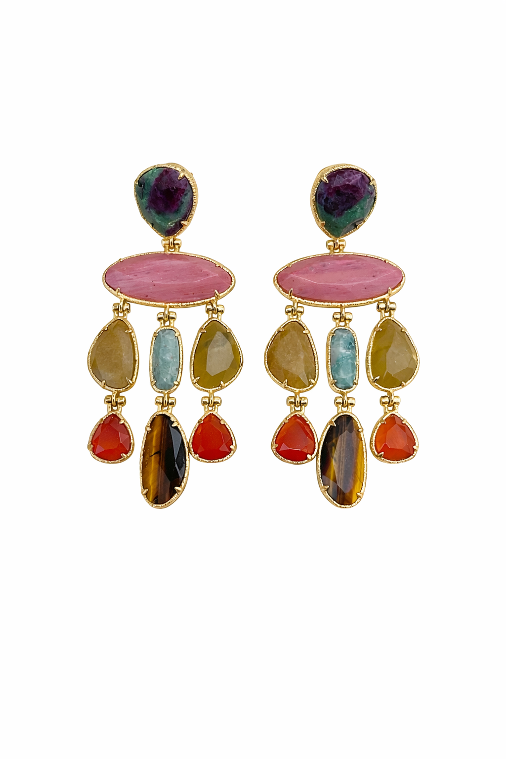 Boucles d’oreilles pendantes ELYSHA en rhodonite, turquoise, citrine, cornaline, œil de tigre et rubis zoïsite, monture dorée en acier inoxydable