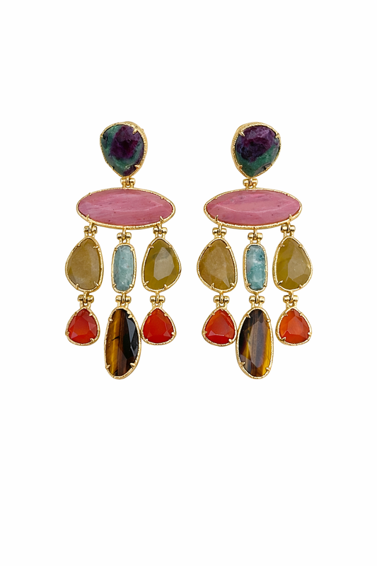 Boucles d’oreilles pendantes ELYSHA en rhodonite, turquoise, citrine, cornaline, œil de tigre et rubis zoïsite, monture dorée en acier inoxydable