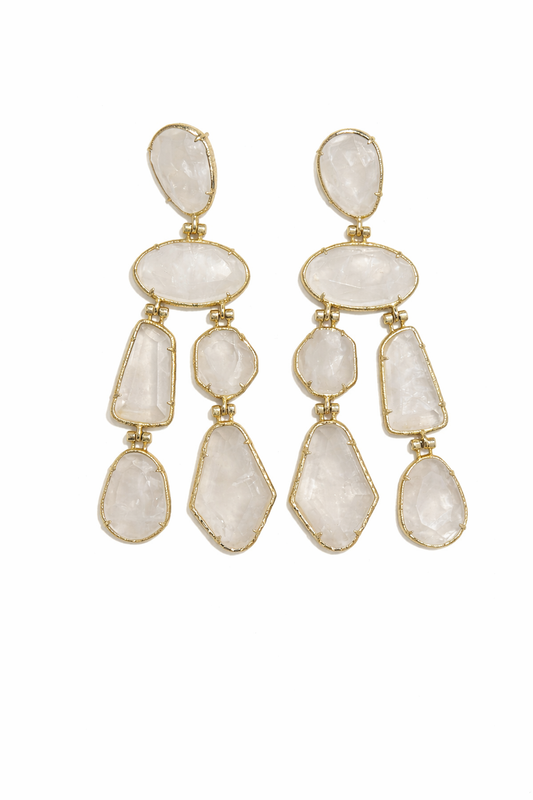 Boucles d’oreilles pendantes FANNY en quartz blanc, monture dorée en acier inoxydable, design long à pierres irrégulières facettées