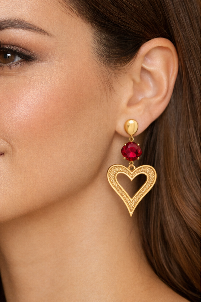 Boucles d’oreilles acier inoxydable doré waterproof ISALANI femme cœur ajouré pierre rouge