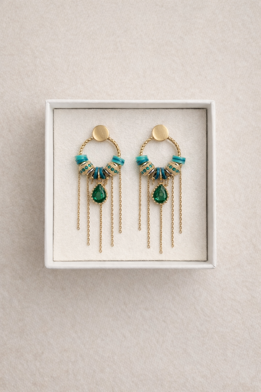 Boucles d’oreilles pendantes JADE femme perles turquoise cristal vert fabrication artisanale