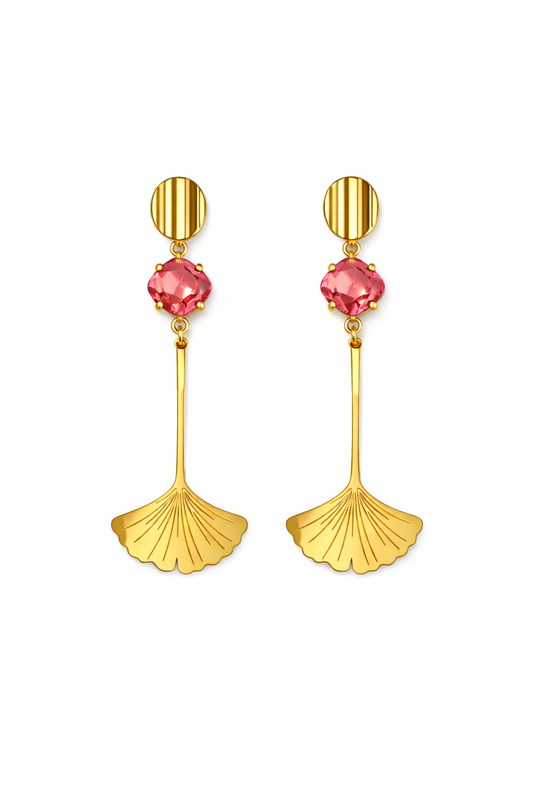 Boucles d’oreilles acier inoxydable doré waterproof KAÏANA femme cristal feuille ginkgo