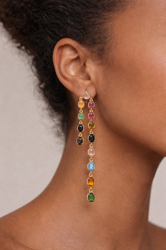 Boucles d’oreilles pendantes KALIMA en acier inoxydable doré avec pierres multicolores ovales, design long et élégant
