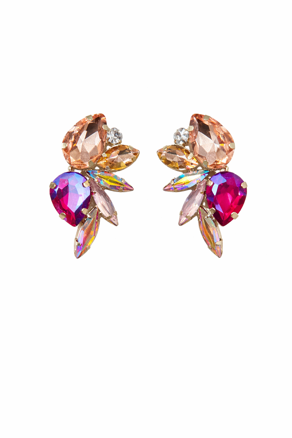 Boucles d’oreilles LANIORA en acier inoxydable avec cristaux fuchsia, rose poudré, champagne et irisés, design bijou scintillant et élégant