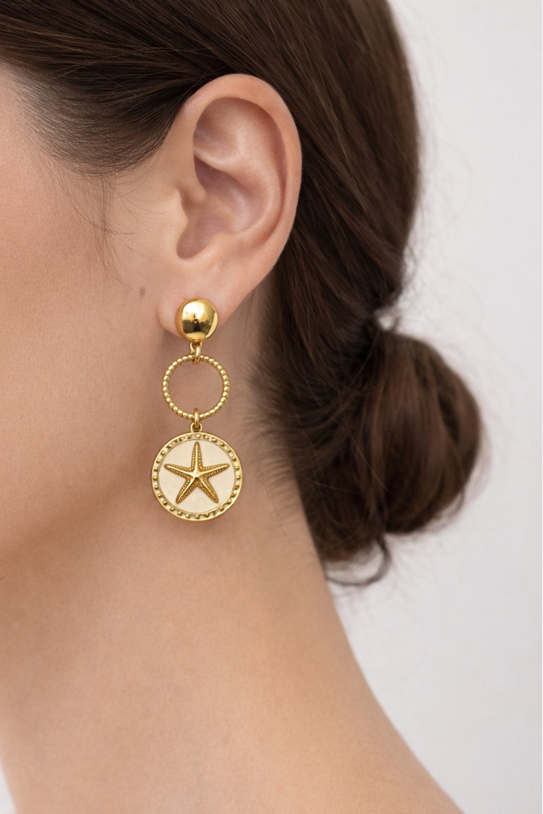 Boucles d’oreilles acier inoxydable doré waterproof MARUA STAR femme médaillon étoile de mer