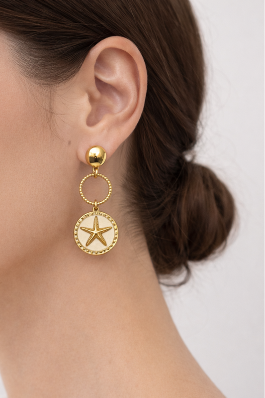 Boucles d’oreilles acier inoxydable doré waterproof MARUA STAR femme médaillon étoile de mer
