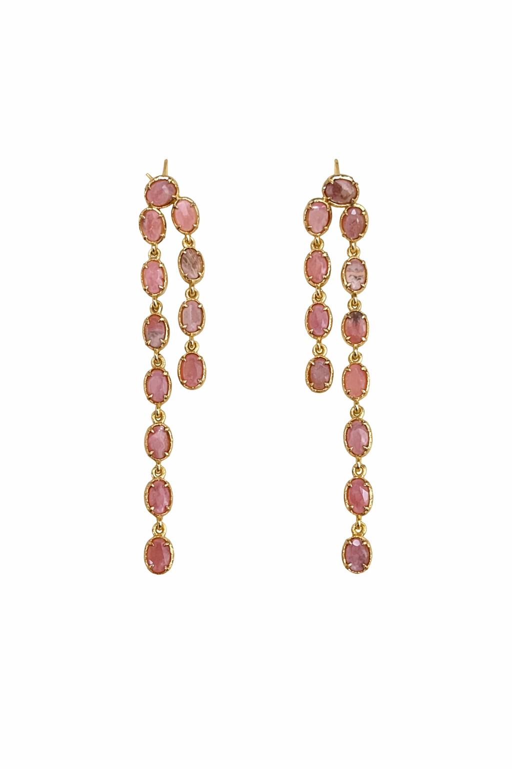 Boucles d’oreilles pendantes NEORA en rhodonite rose, monture dorée en acier inoxydable, design long à pierres ovales