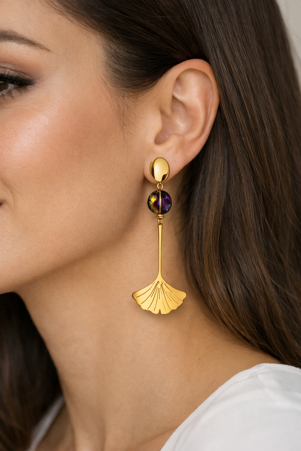 Boucles d’oreilles acier inoxydable doré waterproof NERAYA femme cristal violet feuille ginkgo

