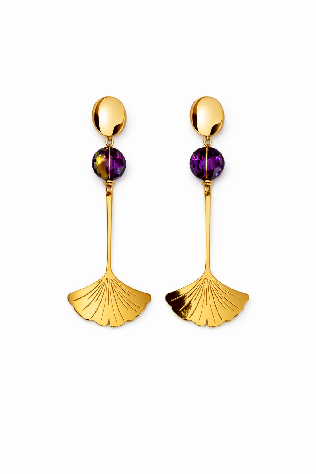 Boucles d’oreilles acier inoxydable doré waterproof NERAYA femme cristal violet feuille ginkgo

