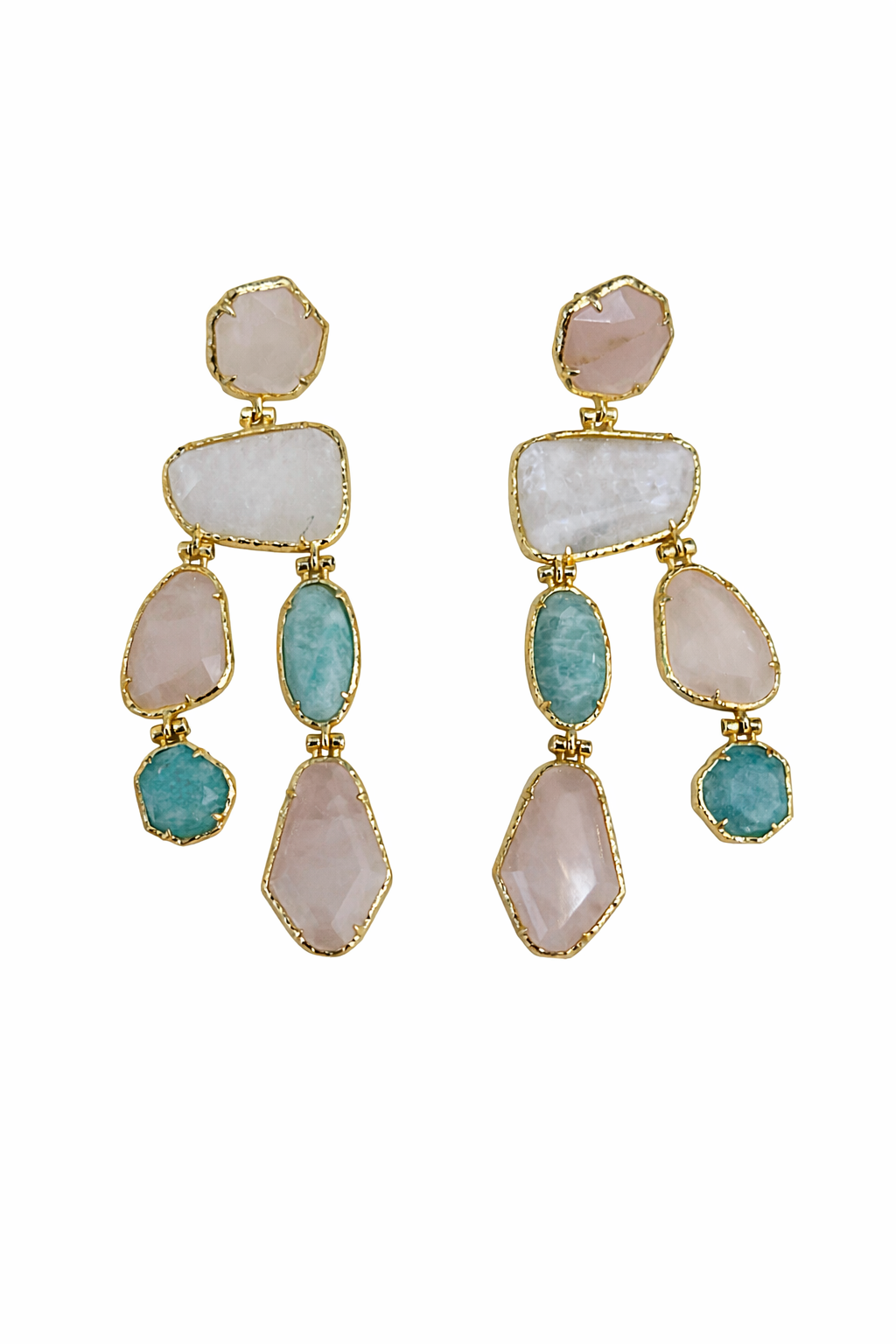 Boucles d’oreilles pendantes OLYSSIA en turquoise quartz, quartz rose et quartz clair, monture dorée en acier inoxydable, design à pierres irrégulières