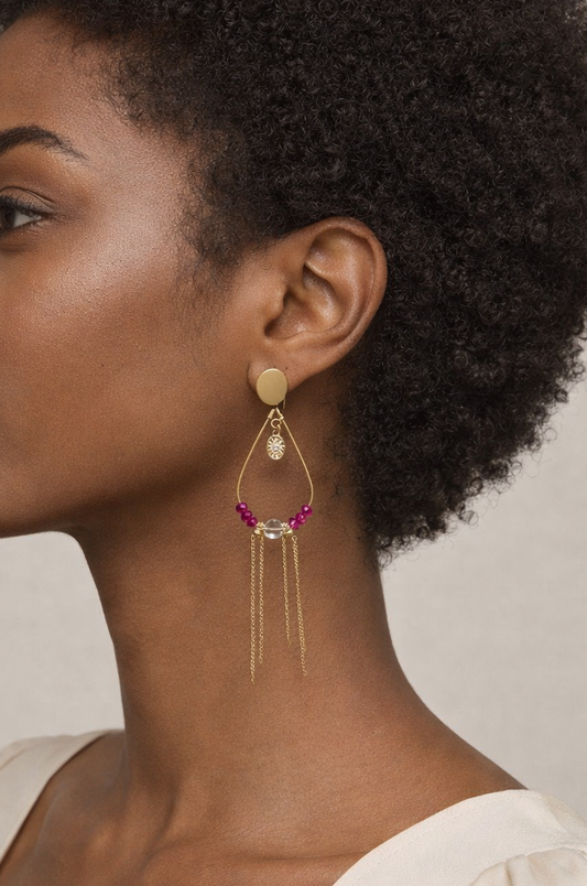 Boucles d’oreilles pendantes dorées PINKY femme goutte ajourée perles roses