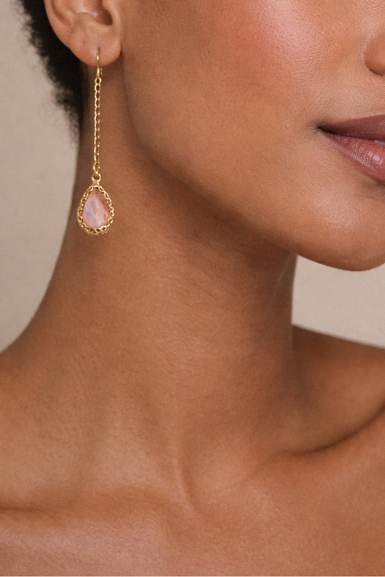 Boucles d’oreilles acier inoxydable doré ROSÉA femme cristal rose facetté pendantes