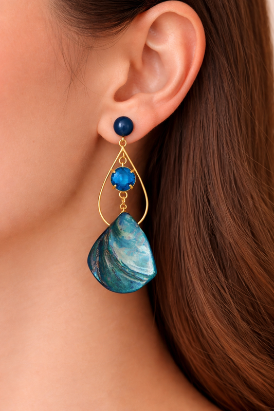 Boucles d’oreilles acier inoxydable doré waterproof SÉRÉNYA femme cristal bleu nacre