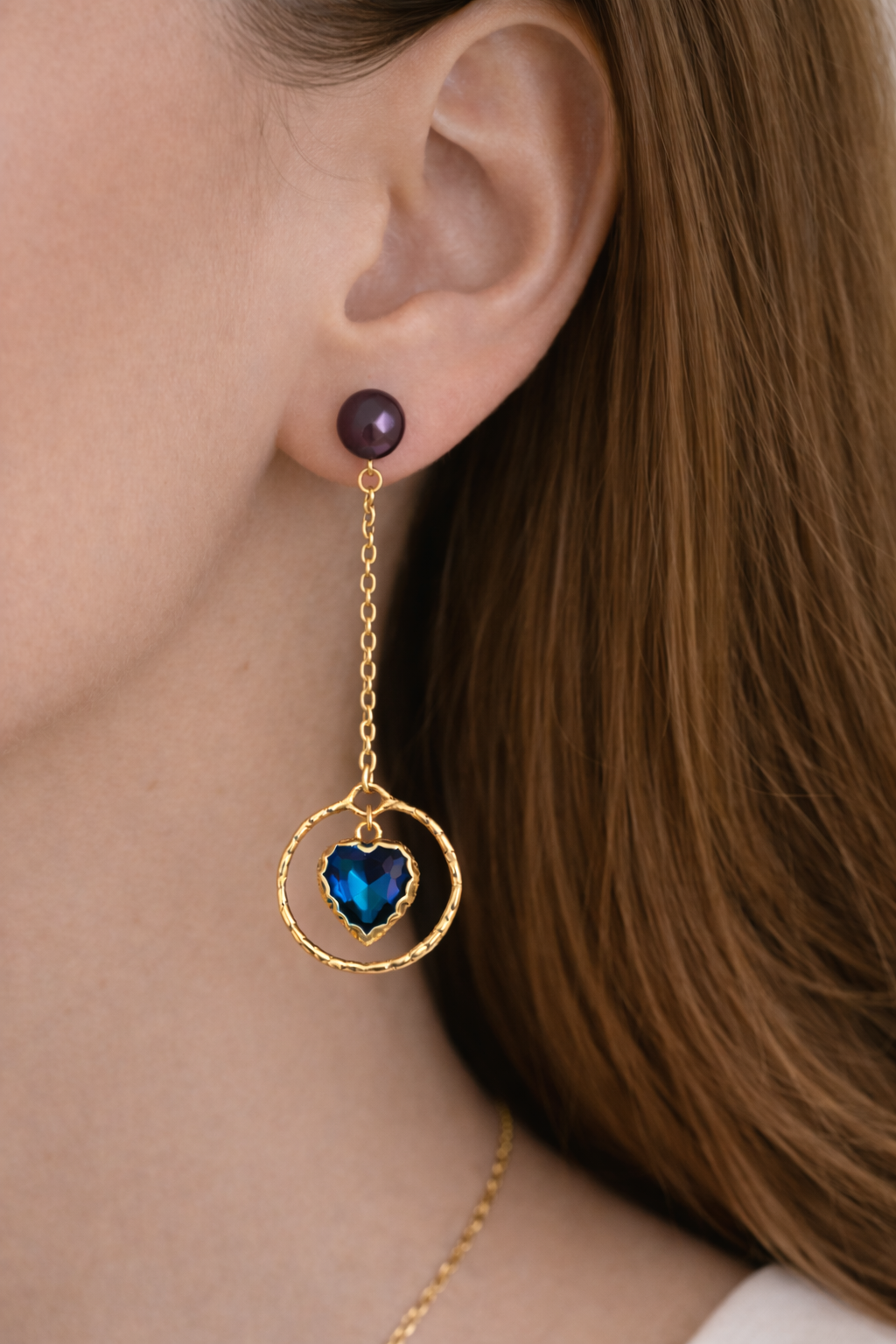 Boucles d’oreilles acier inoxydable doré waterproof WILLOW femme cœur cristal bleu