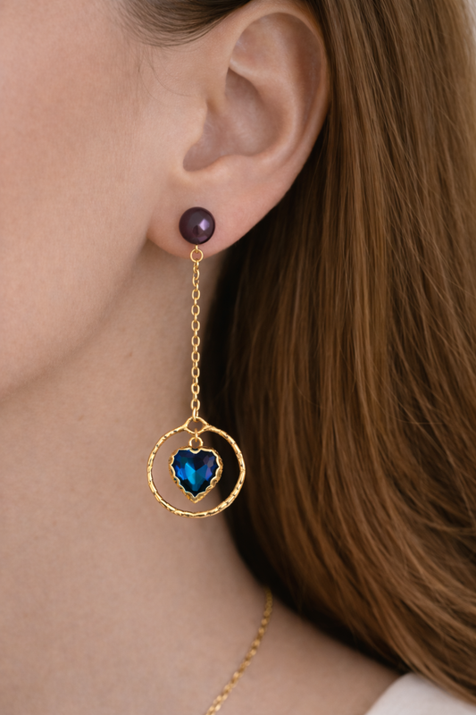 Boucles d’oreilles acier inoxydable doré waterproof WILLOW femme cœur cristal bleu