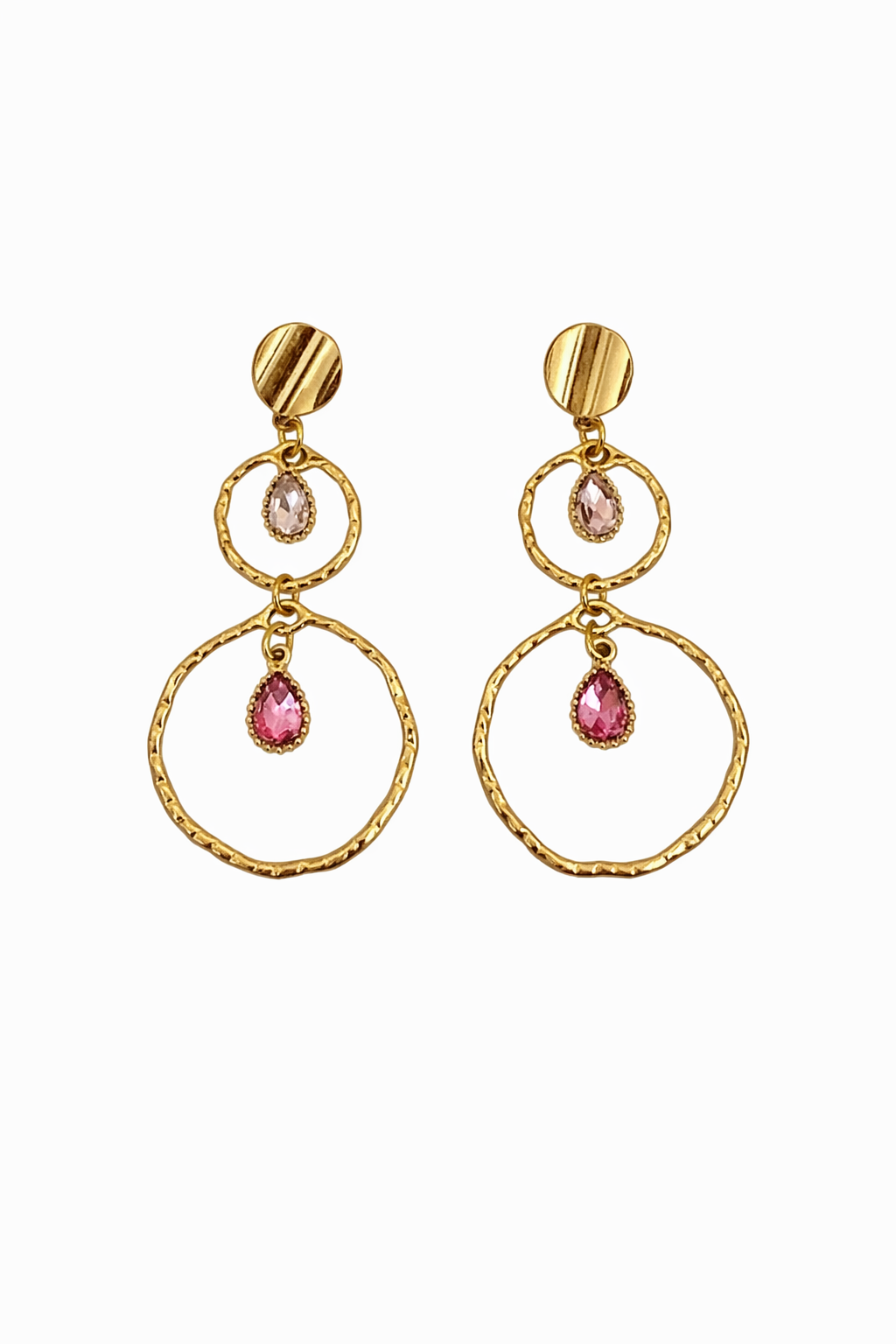 Boucles d’oreilles acier inoxydable doré waterproof YASIRA femme anneaux martelés cristaux roses