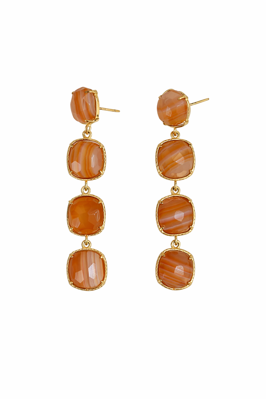 Boucles d’oreilles pendantes ZAHIRA en agate orange, monture dorée en acier inoxydable, design à quatre pierres facettées