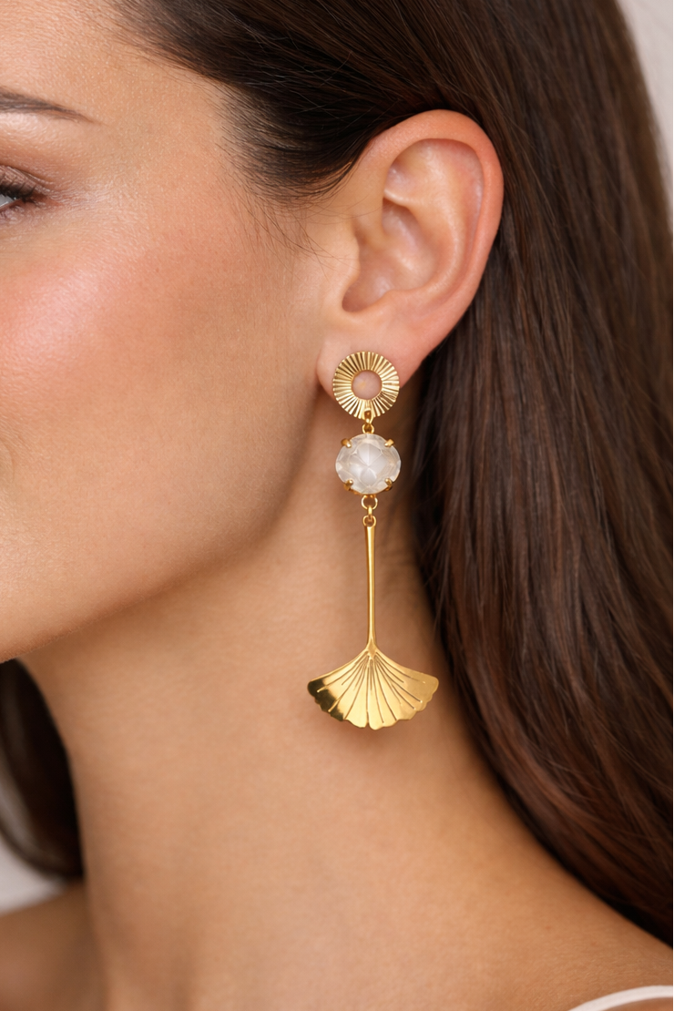 Boucles d’oreilles acier inoxydable doré waterproof ZULEIA femme cristal facetté feuille ginkgo