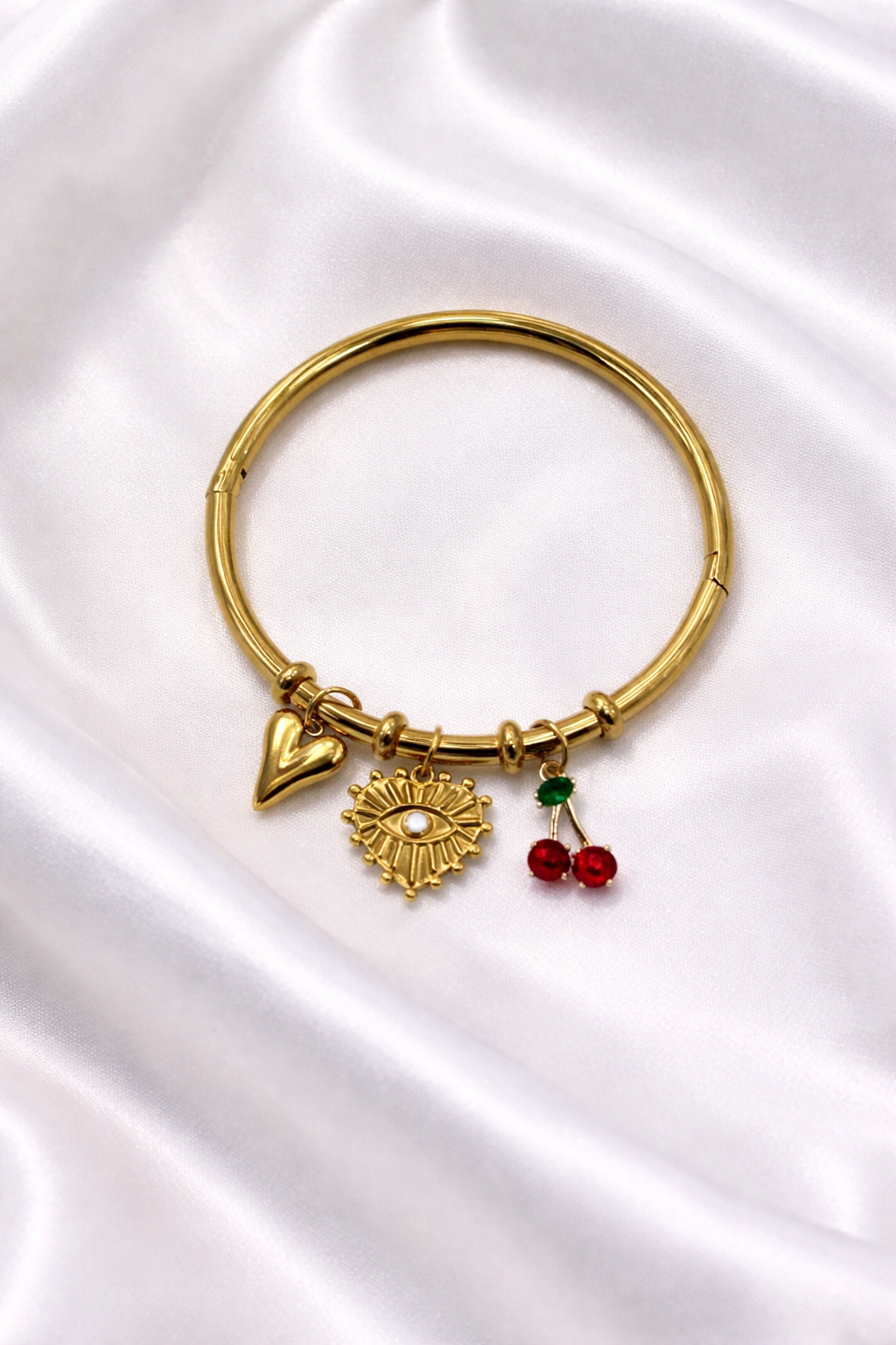 Bracelet jonc acier inoxydable doré DOLCE femme charms cœur œil cerises waterproof