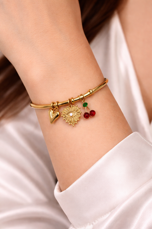 Bracelet jonc acier inoxydable doré DOLCE femme charms cœur œil cerises waterproof