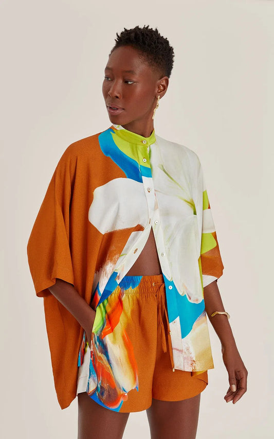 Chemisier Bloom Lenny Niemeyer en coton et viscose avec imprimé Aral multicolore, coupe ample, manches 3/4 et rabat au dos